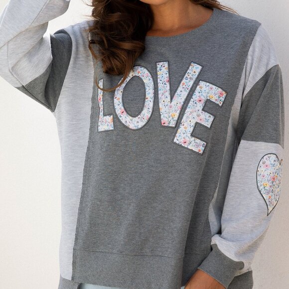 B324  Grey LOVE Graphic Exposed Seam Patchwork Uneven Hem Chic Sweatshirt - Picture 4 of 5